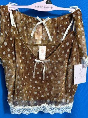 NEW $86 BED OF ROSES 2 PIECE CAMI / LINGERIE SET LACE TRIMMED FAWN PRINT SIZE L